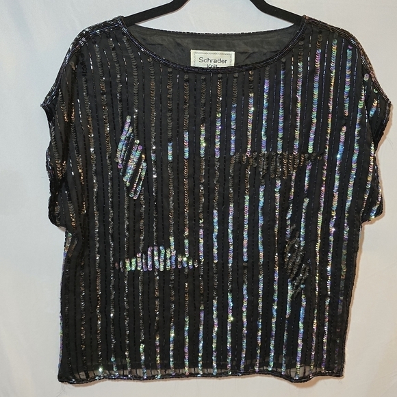 Vintage Tops - Vintage Schrader Knits 100% Silk Black Sequin Beaded Color Block Short Sleeve 12